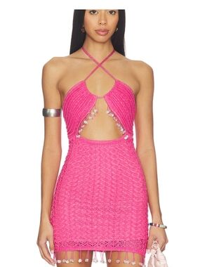 Cappitana Pink Halter Crochet Mini Dress with Pearl Bead Trim
